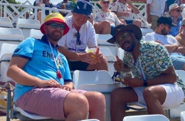 Jake with his dad and a friend at England versus New Zealand at Trent Bridge.
